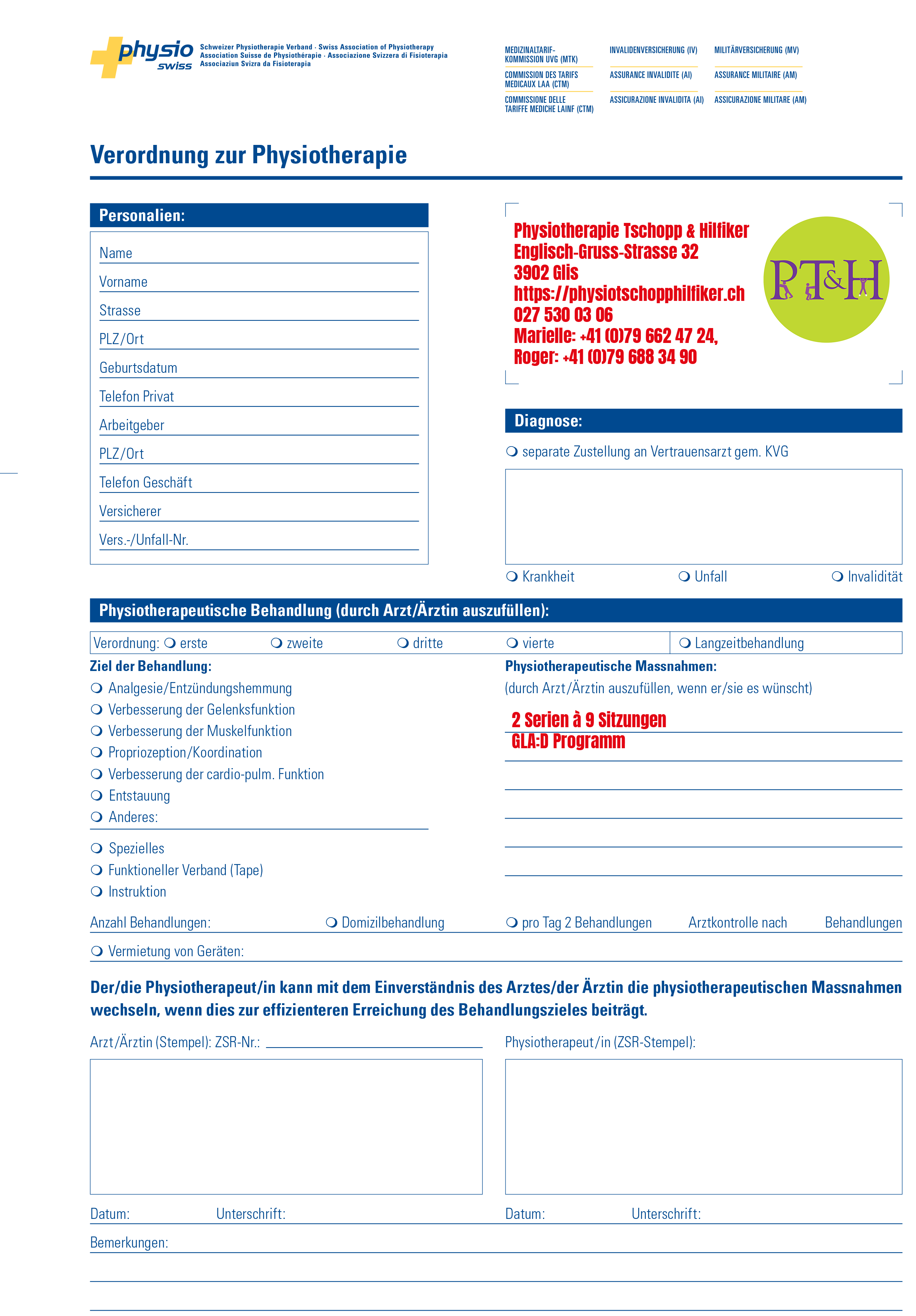 Verordnungsformular GLA:D Arthrose oder Rücken Physiotherapie Tschopp & Hilfiker, Quelle Physioswiss / GLA:D Schweiz